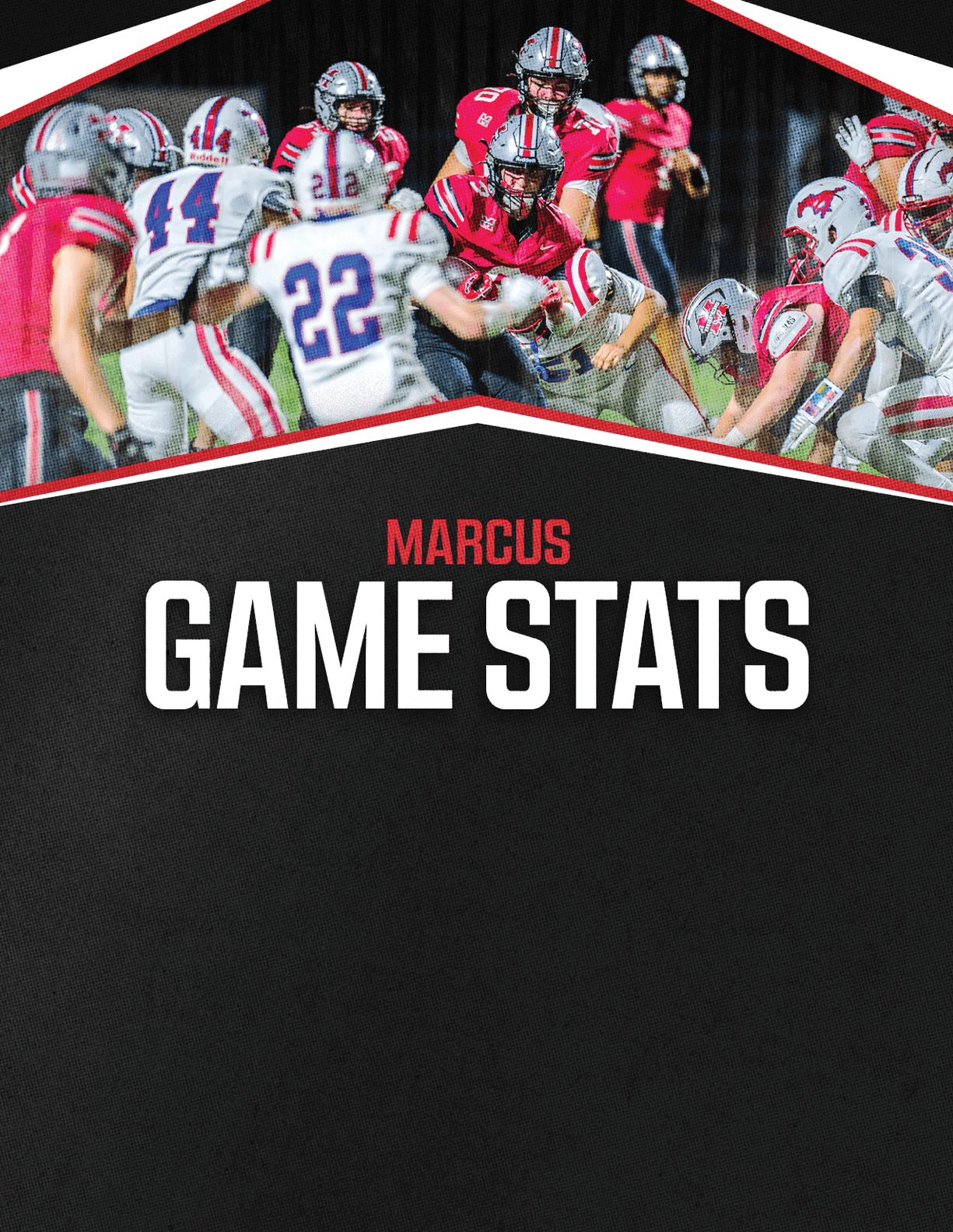 People in football uniforms are lined up on a field with the text Marcus Game Stats displayed below them on a black background. Description generated by AI