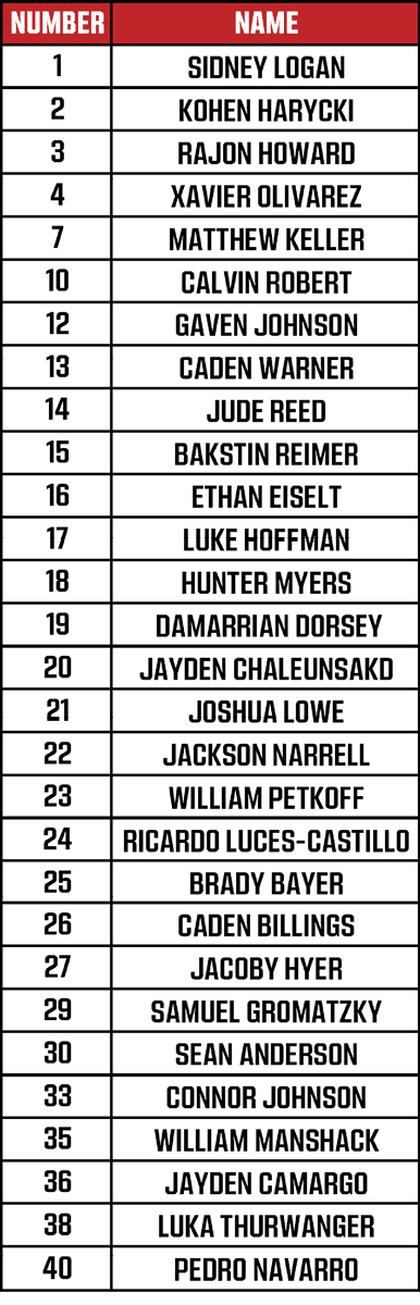 A numbered list displays names in two columns with a red header labeled Number and Name, featuring a total of 36 entries. Description generated by AI