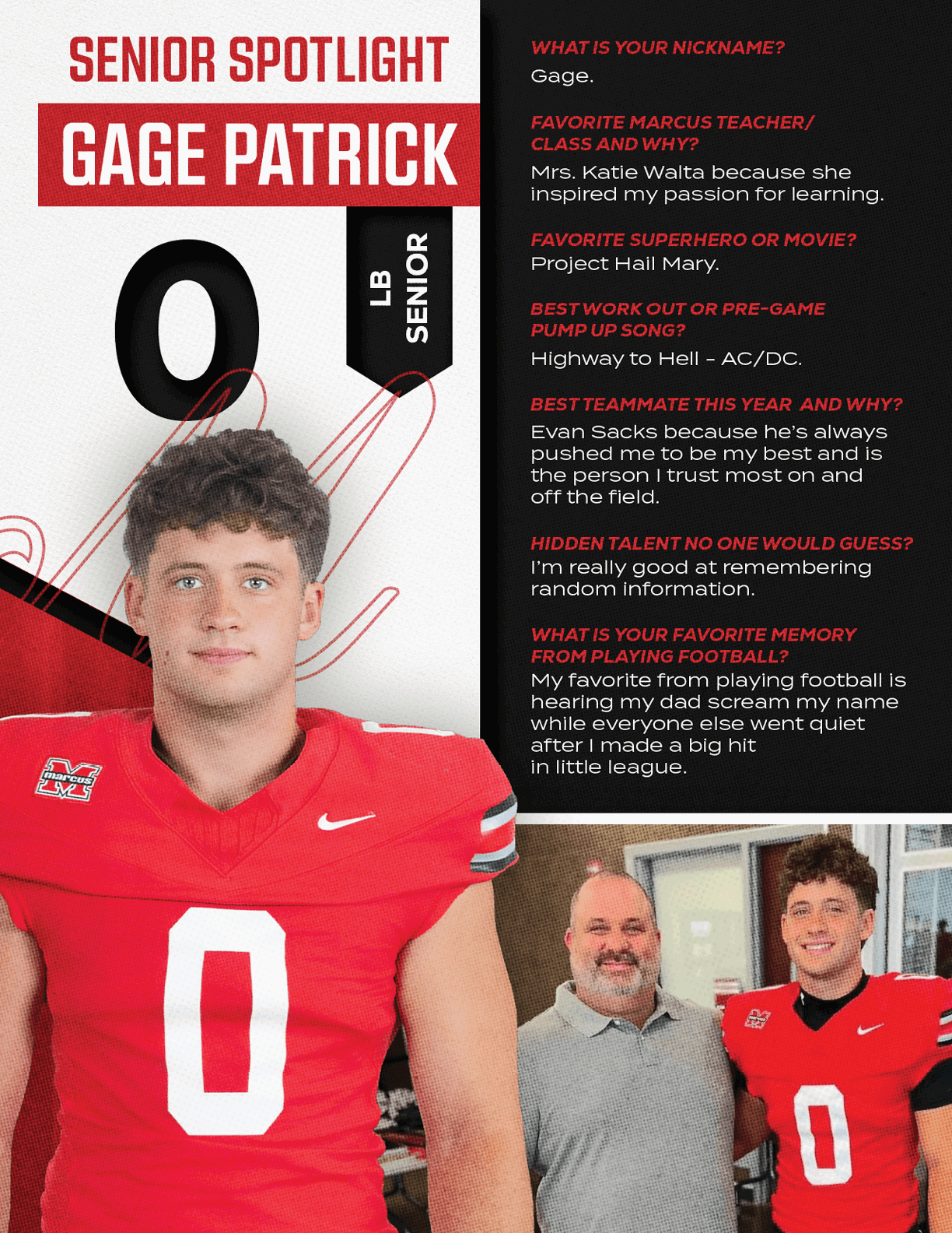 An adult in a red sports jersey with the number zero stands next to another adult in casual clothing in a school or sports facility with text highlighting a senior athlete named Gage Patrick and details about their favorite teacher, superhero, workout song, teammate, hidden talent, and favorite memory. Description generated by AI