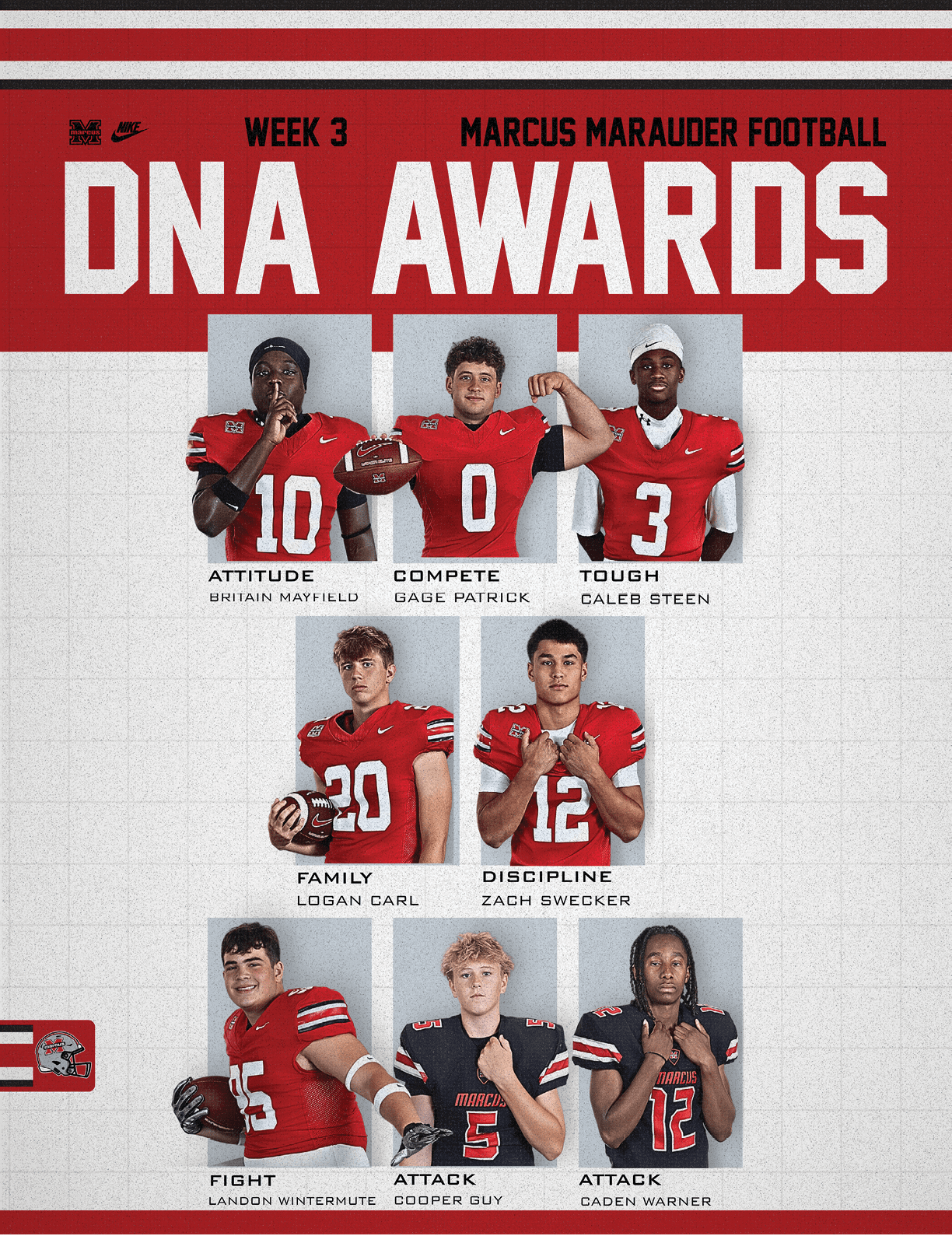 Seven people wearing red football uniforms pose individually or in pairs holding footballs or making gestures under the title “Week 3 Marcus Marauder Football DNA Awards" with labels for attitude, compete, tough, family, discipline, fight, and attack. Description generated by AI