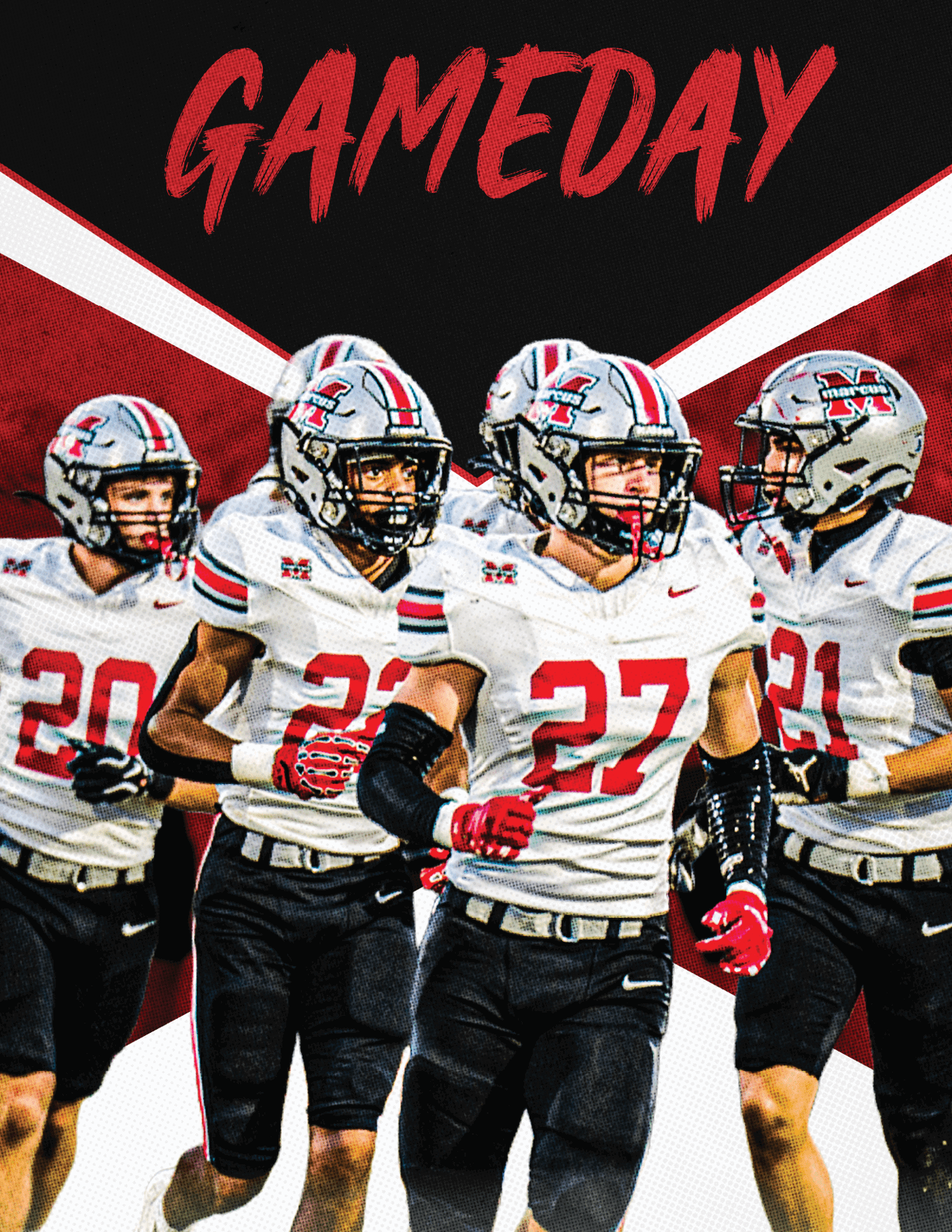 Four people in football uniforms and helmets are standing together with a bold red and black background and the word GAMEDAY written above them. Description generated by AI