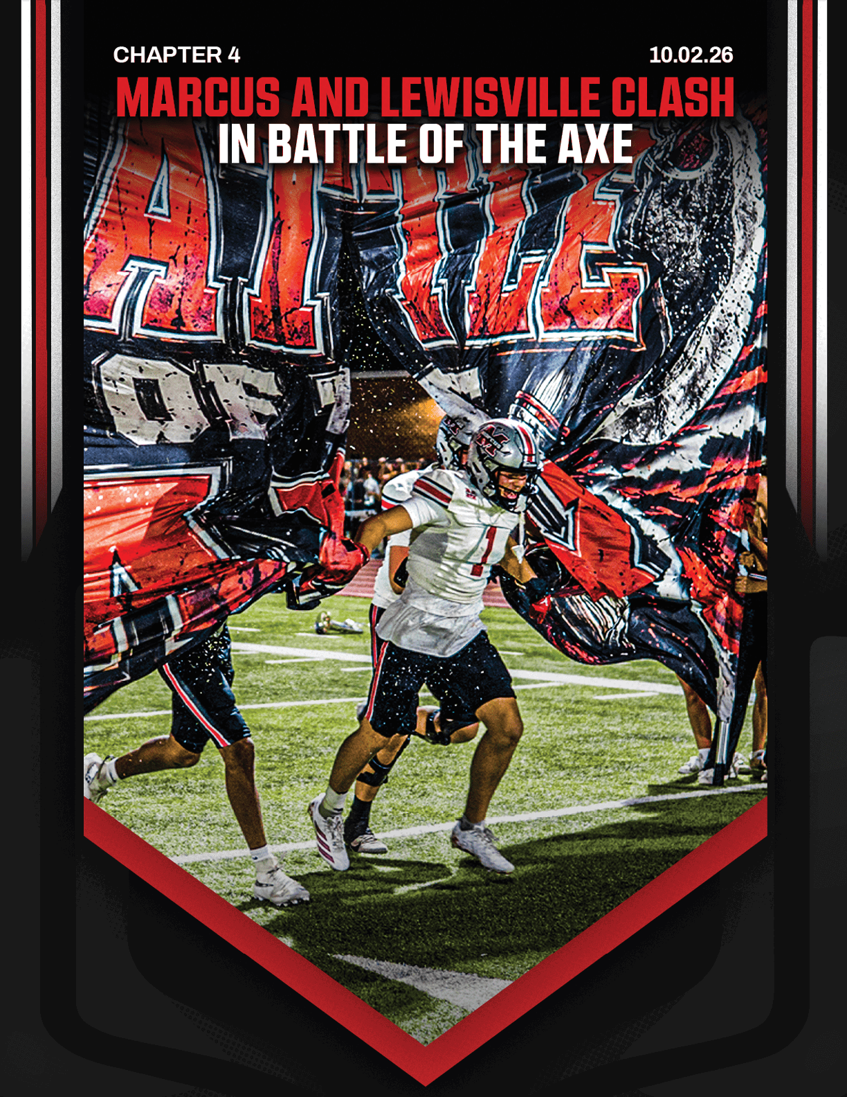 An adult athlete in a white and black uniform runs through a large torn banner on a football field with other athletes visible behind. Description generated by AI