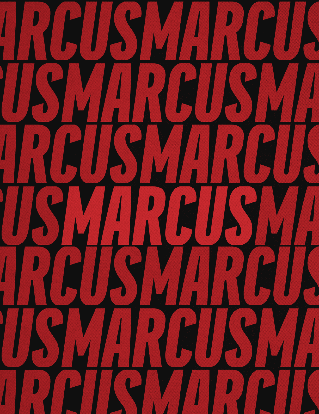 The image features a repeating pattern of the word “MARCUS" in bold, uppercase letters with a red background and dark red text. Description generated by AI