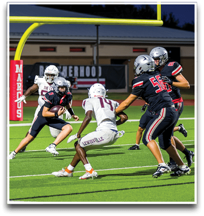 Three football players are standing on the field, one of them is smiling and wearing a black jersey with the number 55. AI generated content