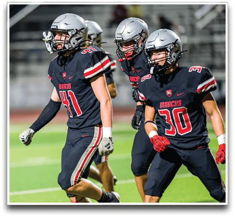 Three football players are standing on the field, one of them is smiling and wearing a black jersey with the number 55. AI generated content