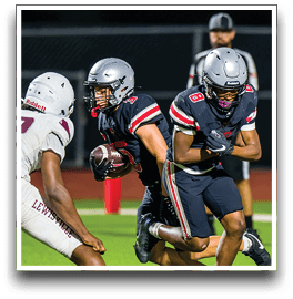 Three football players are standing on the field, one of them is smiling and wearing a black jersey with the number 55. AI generated content