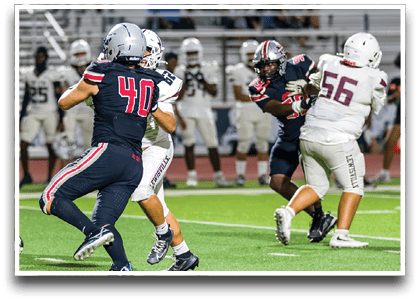 Three football players are standing on the field, one of them is smiling and wearing a black jersey with the number 55. AI generated content