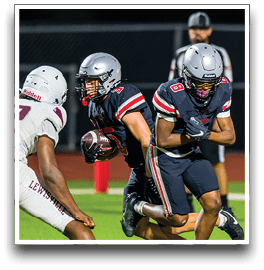 Three football players are standing on the field, one of them is smiling and wearing a black jersey with the number 55. AI generated content