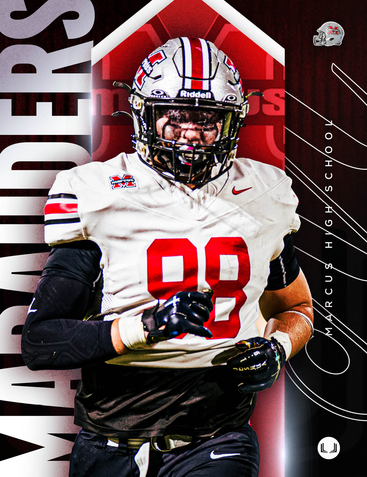A person wearing a white football uniform with the number 88 and a helmet is posed in front of a red and black background with the word “MARCUS" and "Marcus High School" written vertically. Description generated by AI