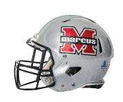 A silver football helmet with a black faceguard features a large red and white letter M with the word marcus across it and a small American flag decal on the back. Description generated by AI