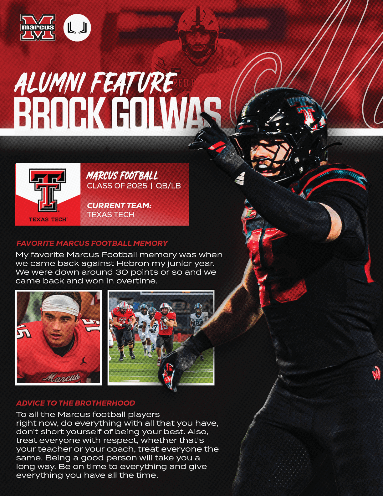 A sports-themed graphic features an adult football player in black and red uniform celebrating with a raised arm, alongside text highlighting an alumni feature on Brock Golwas from Texas Tech with quotes about favorite football memories and advice to younger players. Description generated by AI