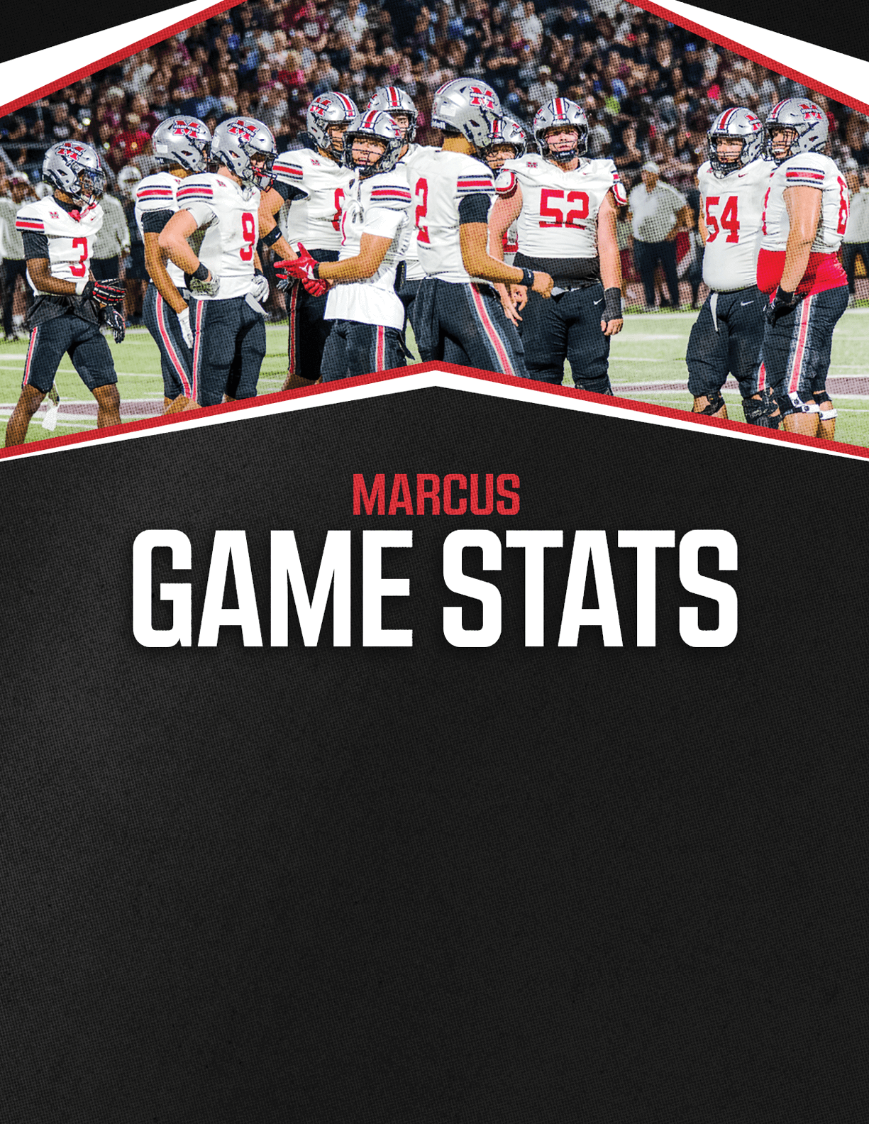 A group of people in football uniforms standing on a field with a crowd in the background and the text Marcus Game Stats below them on a black textured background. Description generated by AI