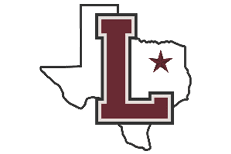 A maroon letter L with a black and white outline is superimposed on a white silhouette of the state of Texas with a maroon star near the northeastern part of the state. Description generated by AI