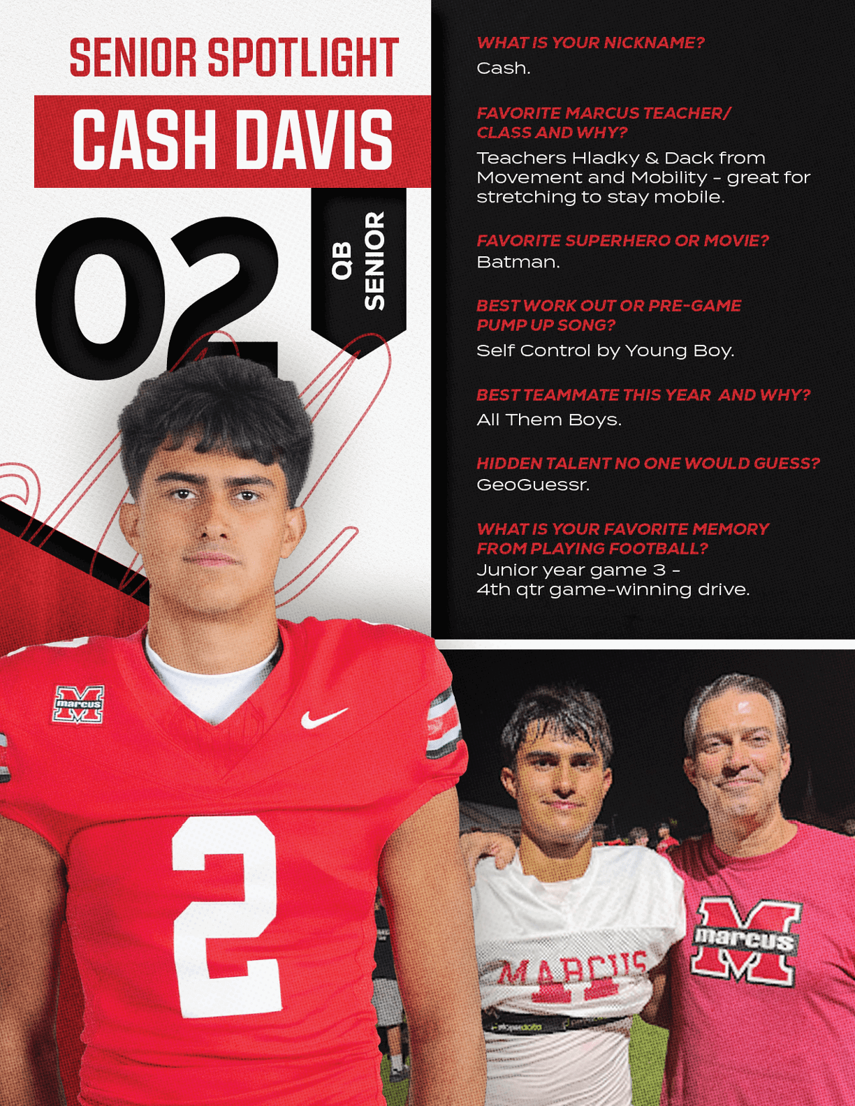 A senior athlete named Cash Davis wearing a red football jersey with the number two is featured alongside a Q&A about his favorite teacher, superhero, workout, and hidden talent, with a second photo showing him in a white practice jersey standing next to a person in a red Marcus shirt. Description generated by AI