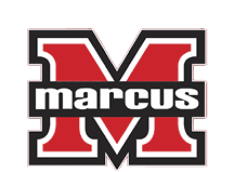 A bold red letter M outlined in black and white with the word “marcus" in lowercase white letters on a black rectangular background across the middle. Description generated by AI