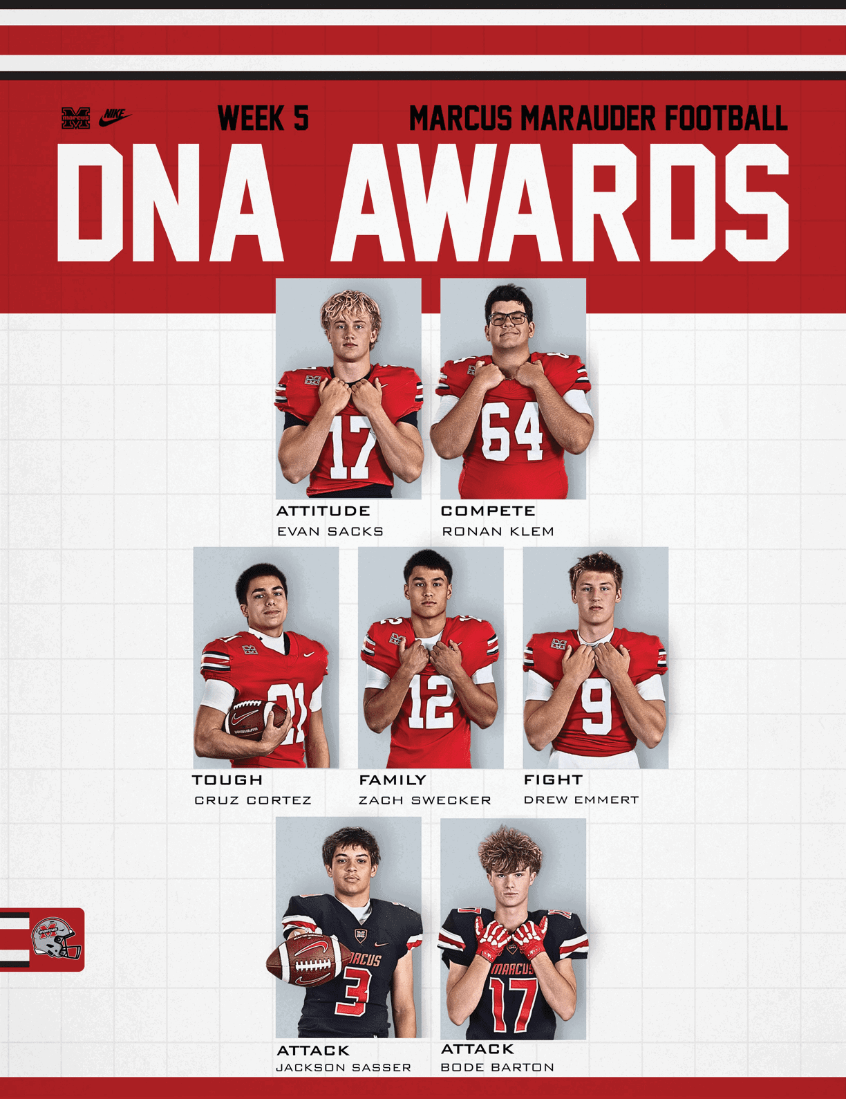 Seven people wearing red football uniforms pose with crossed arms under the title Marcus Marauder Football DNA Awards for Week 5. Description generated by AI