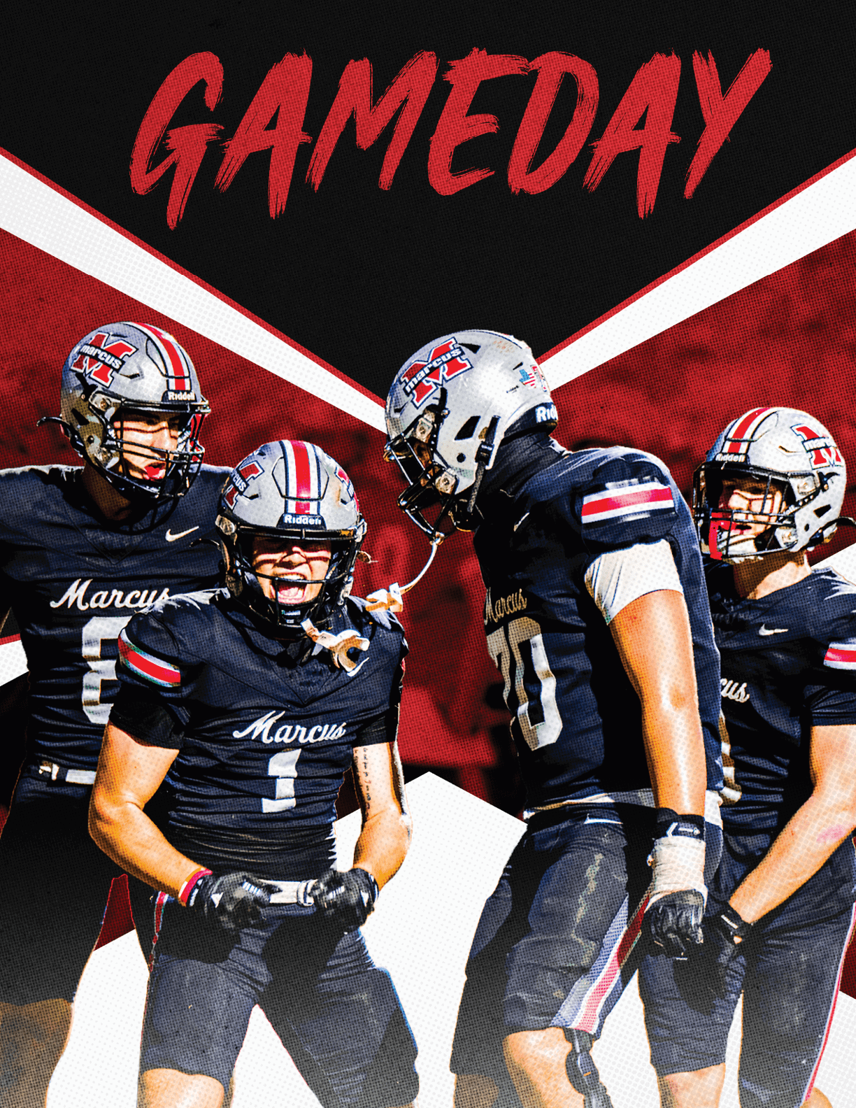 Four people in black football uniforms and helmets stand together with one person showing an excited expression under the word “GAMEDAY" in bold red letters on a red and black background. Description generated by AI
