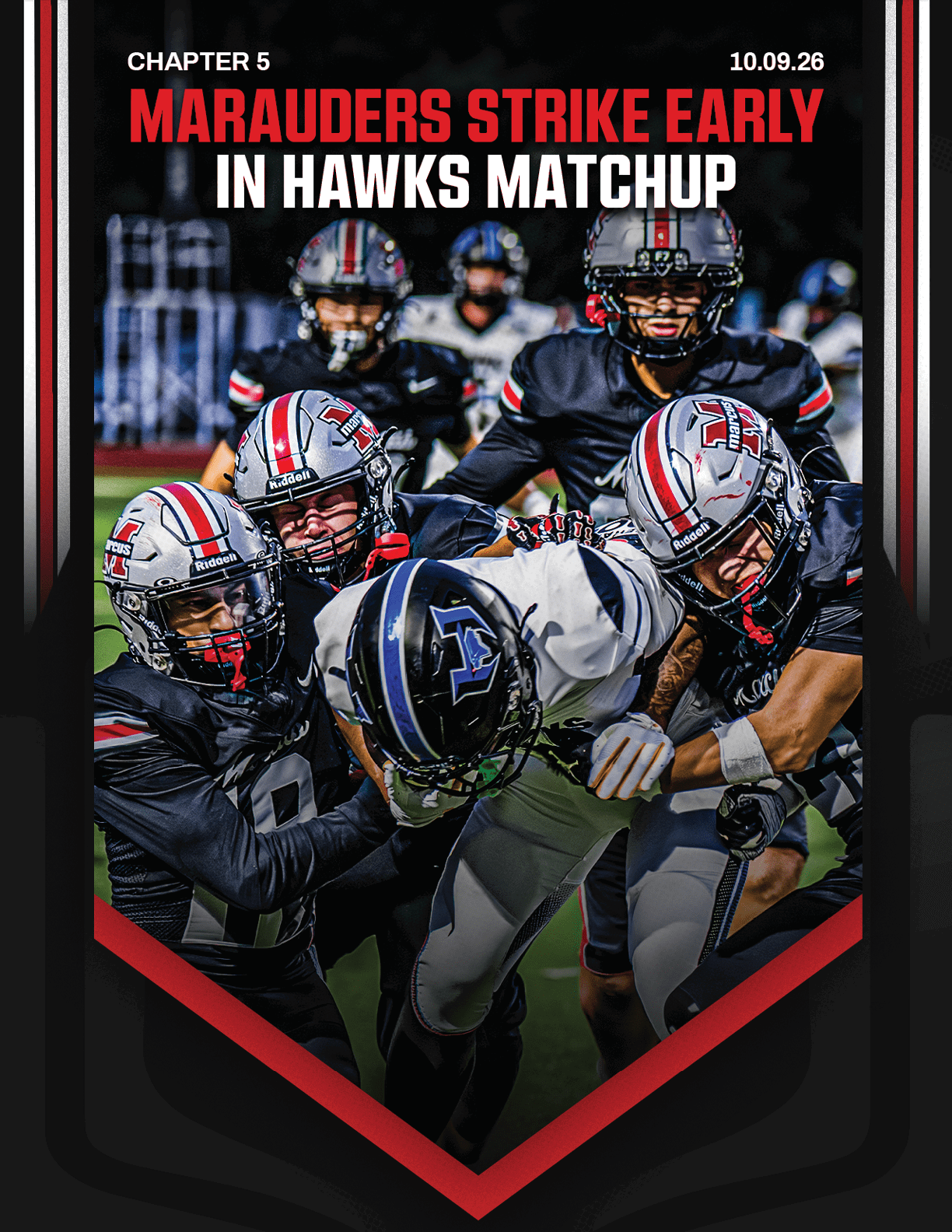 Several football players in black and white uniforms are engaged in a tackle during a nighttime game with the text Marauders Strike Early in Hawks Matchup above them. Description generated by AI