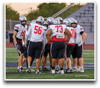 Three football players are standing on the field, one of them is smiling and wearing a black jersey with the number 55. AI generated content