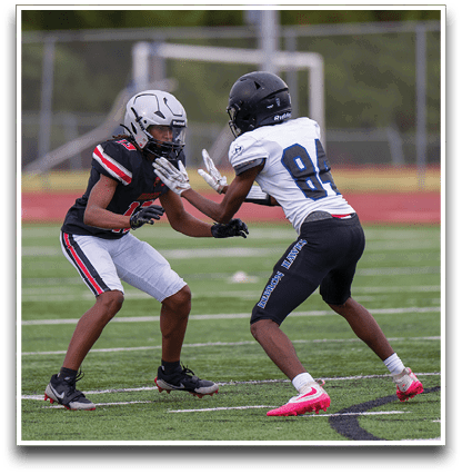 Three football players are standing on the field, one of them is smiling and wearing a black jersey with the number 55. AI generated content