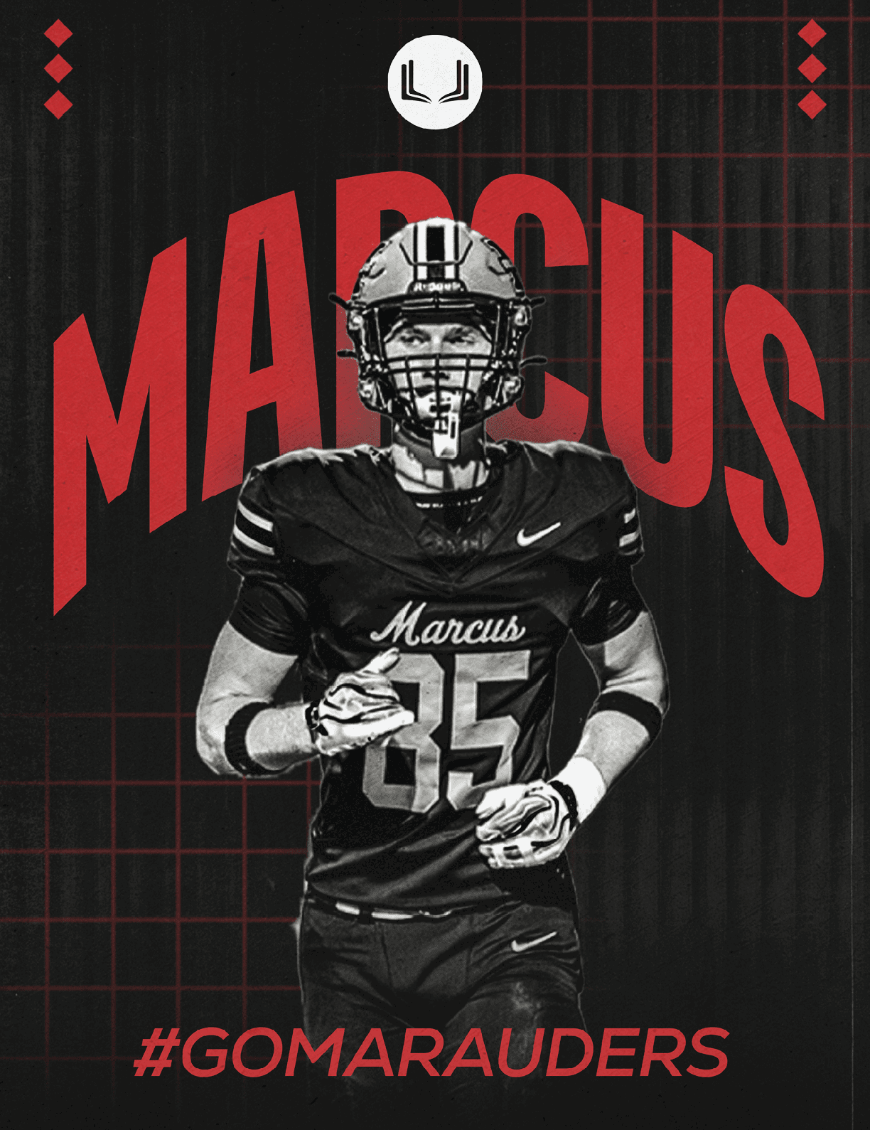 A person wearing a football uniform with the number 85 and the word Marcus on the jersey stands in front of a black background with red grid lines and large red text reading Marcus and #GOMARAUDERS below. Description generated by AI