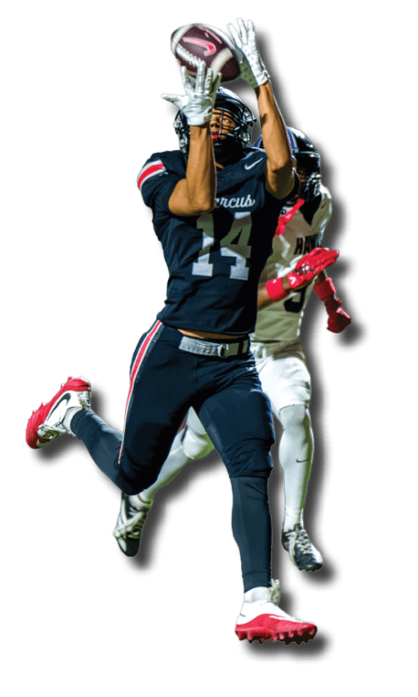 A person wearing a white glove is catching a brown and white American football. Description generated by AI