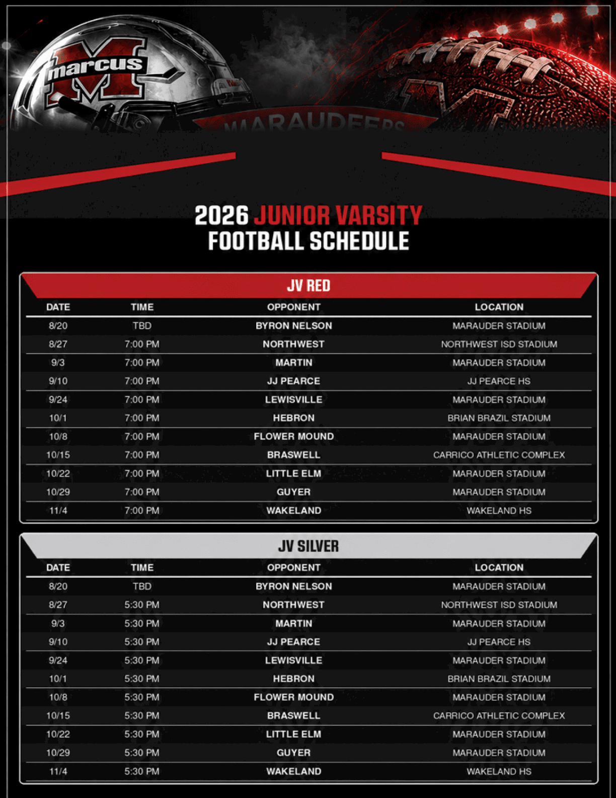 The 2026 junior varsity football schedule for Marcus Marauders is displayed with separate sections for JV Red and JV Silver teams, listing dates, times, opponents, and locations against a background featuring a football helmet and ball. Description generated by AI