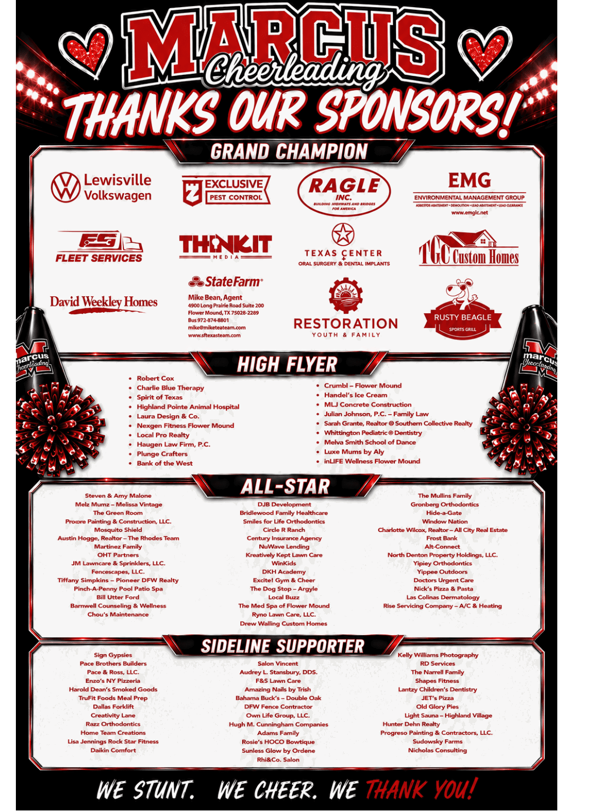 A colorful cheerleading thank you banner displays various sponsor logos and names organized under categories like Grand Champion, High Flyer, All-Star, and Sideline Supporter with a festive background of lights and pom-poms. Description generated by AI