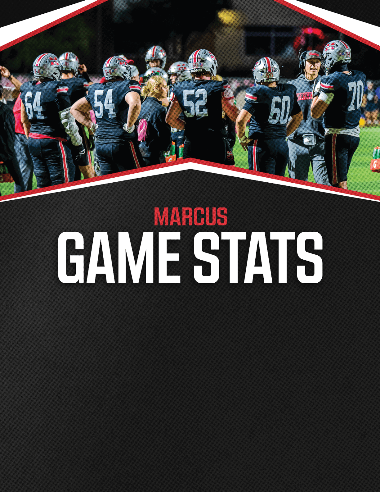A group of football players in black uniforms and helmets stand on a field with a coach while the text “Marcus Game Stats" appears below them on a black background. Description generated by AI