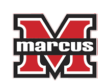 A bold red letter M outlined in black and white with the word “marcus" in lowercase white letters on a black rectangular background across the middle. Description generated by AI