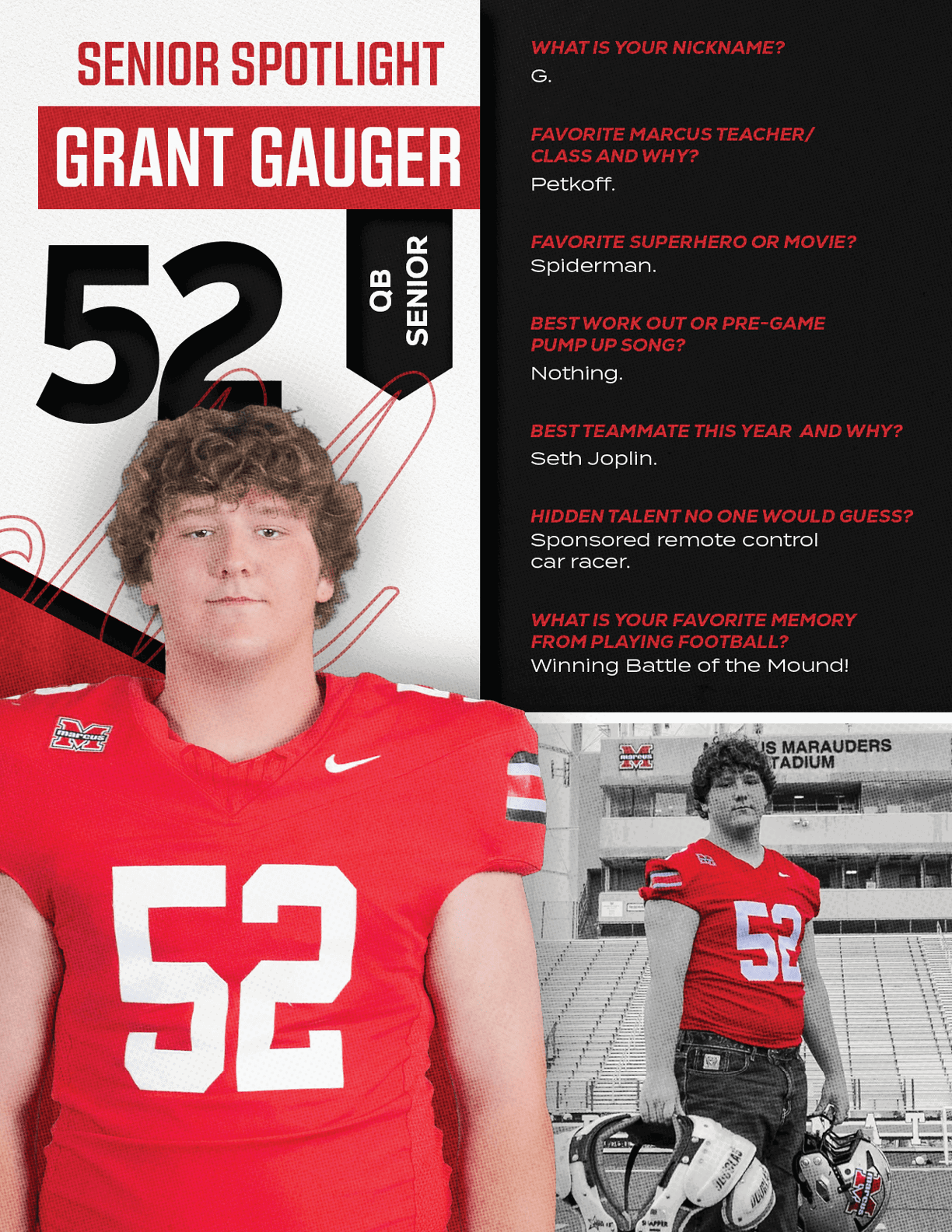 Adult wearing a red football jersey with the number 52 is featured in a senior spotlight with text about their favorite teacher, superhero, workout song, teammate, hidden talent, and favorite memory playing football. Description generated by AI