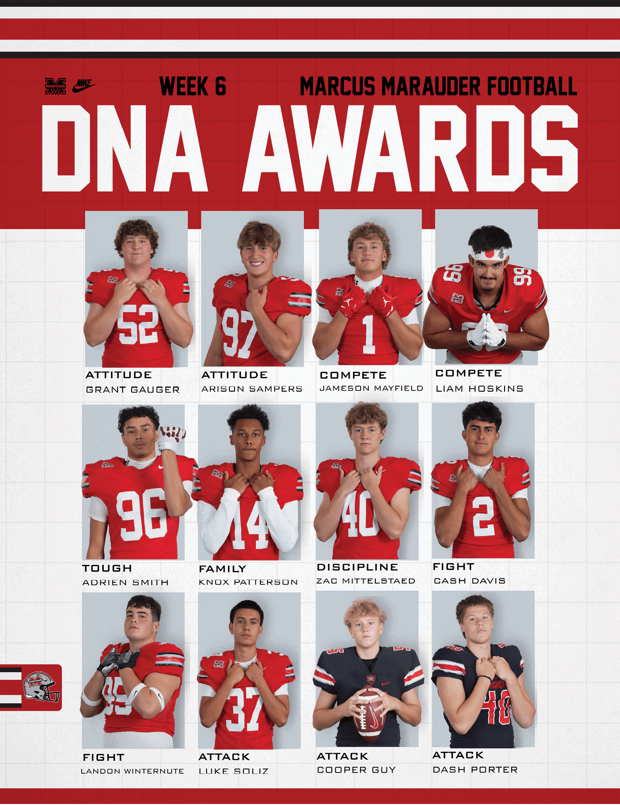 A sports-themed graphic titled DNA Awards for Marcus Marauder Football Week 6 features twelve adults in red and black football uniforms posing with crossed arms or holding a football, each labeled with different award categories such as Attitude, Compete, Tough, Family, Discipline, Fight, and Attack. Description generated by AI