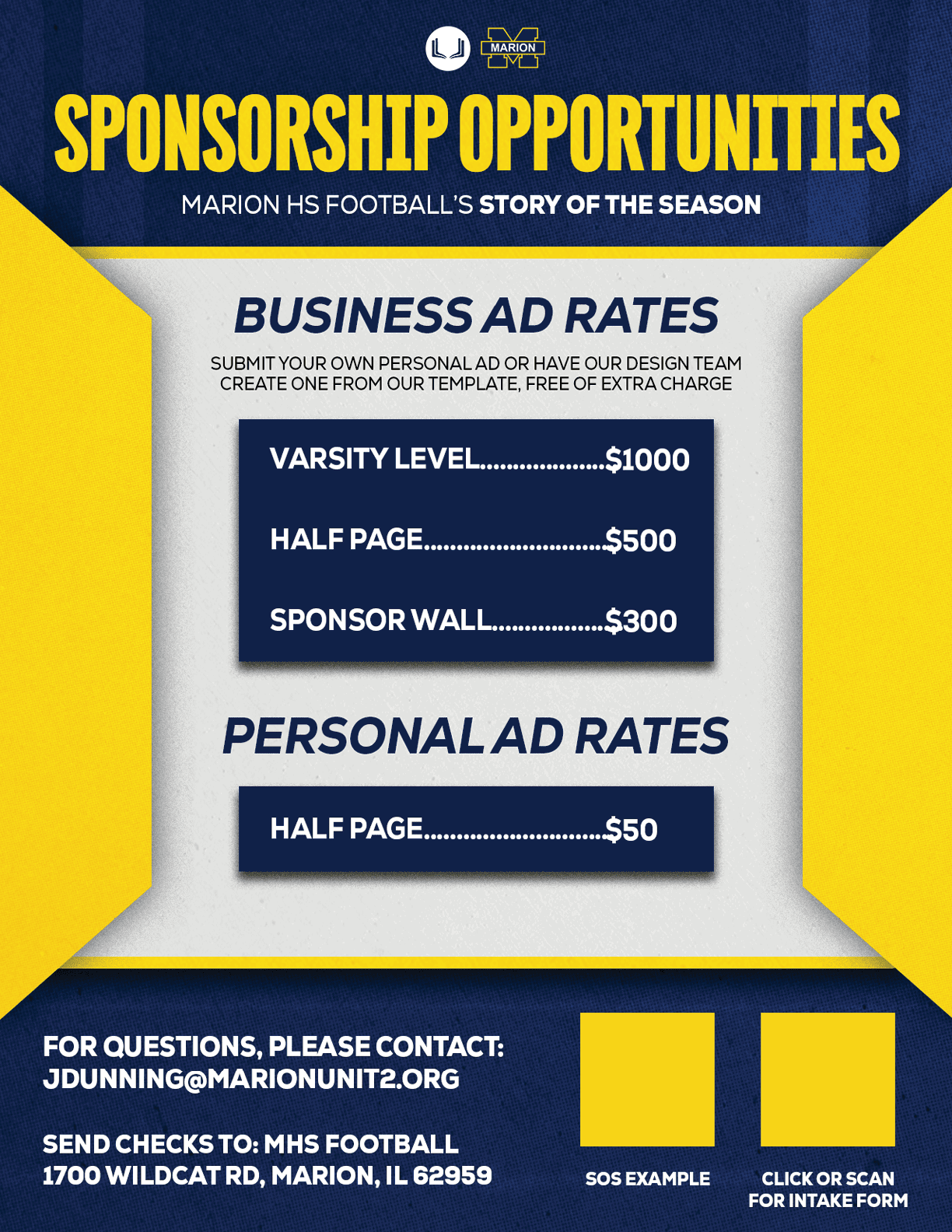 A flyer advertising sponsorship opportunities for a high school football team. AI generated content