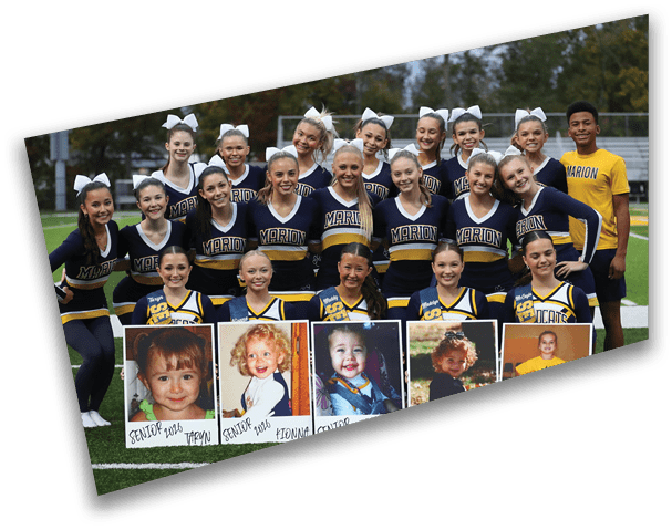 A cheerleading squad poses for a photo on a football field. AI generated content