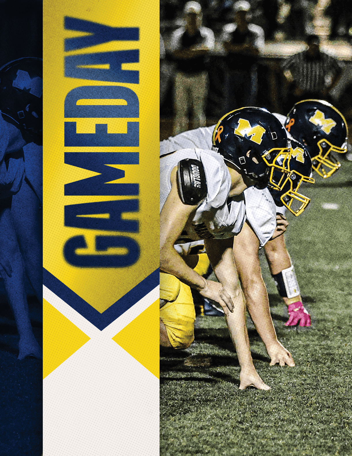 Three football players wearing helmets and uniforms are kneeling on the field. AI generated content