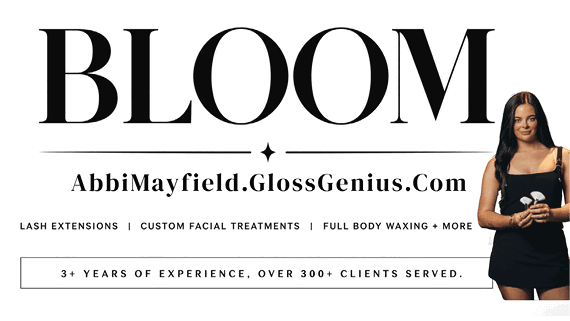 A woman in a black dress is featured on a website advertisement for Abby Mayfield, a glass genius. AI generated content
