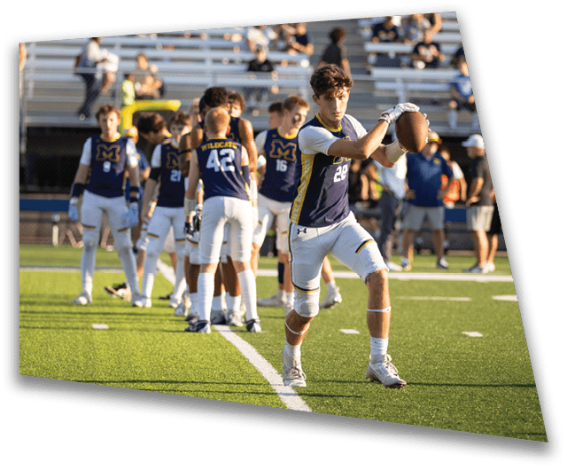 A football player is throwing a football on a field with several other players watching. AI generated content