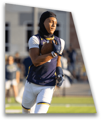 A football player running on the field wearing a blue and yellow jersey. AI generated content