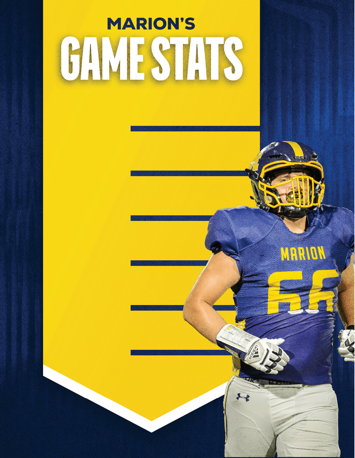 A football player wearing a blue and yellow jersey stands in front of a yellow and blue sign that says “Marion's Game Stats." AI generated content