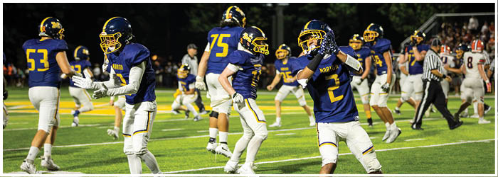 A group of football players in blue and yellow uniforms are celebrating on the field. AI generated content