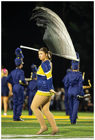 A woman in a blue and yellow uniform holds an umbrella while standing on a field. AI generated content