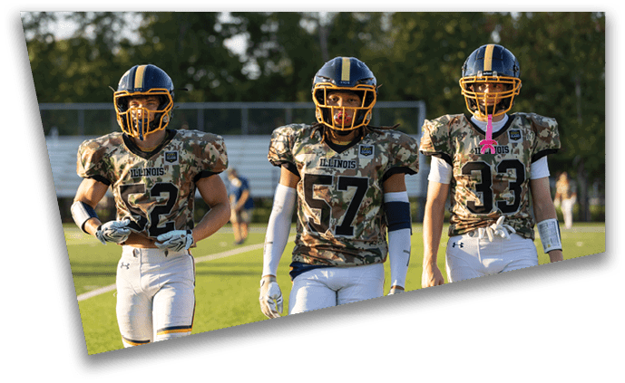 Three football players wearing camouflage uniforms and helmets. AI generated content