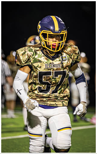 A football player wearing a camouflage jersey with the number 57 on it. AI generated content
