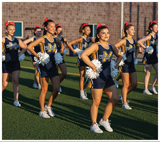 A group of cheerleaders in blue and yellow uniforms are lined up on a field. AI generated content