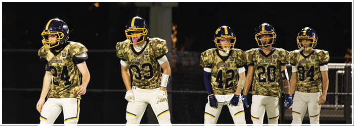 A group of football players in uniforms are standing on a field. AI generated content
