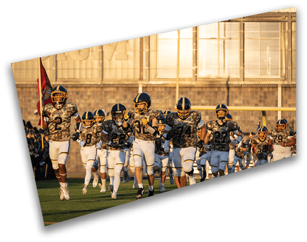A group of football players wearing uniforms and helmets are walking on a field. AI generated content