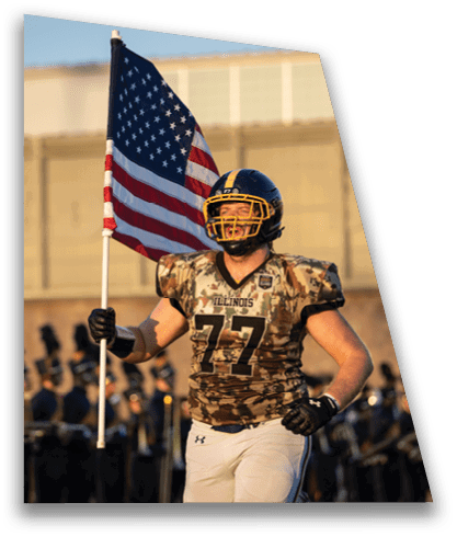 A football player wearing a camouflage jersey and holding an American flag. AI generated content