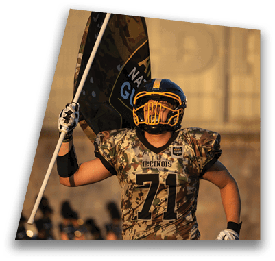 A football player in a camouflage uniform holds a flag. AI generated content