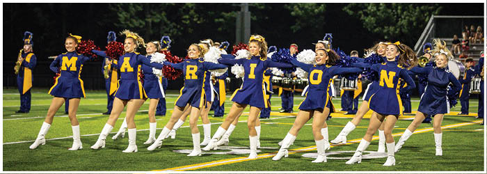 A group of cheerleaders in blue and yellow uniforms are lined up on a field. AI generated content