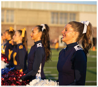 A group of cheerleaders wearing blue and yellow uniforms are standing on a field. AI generated content